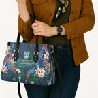 New Zealand Warriors Leather Bag Tropical Polynesian Floral Pattern With Green And Blue Accents