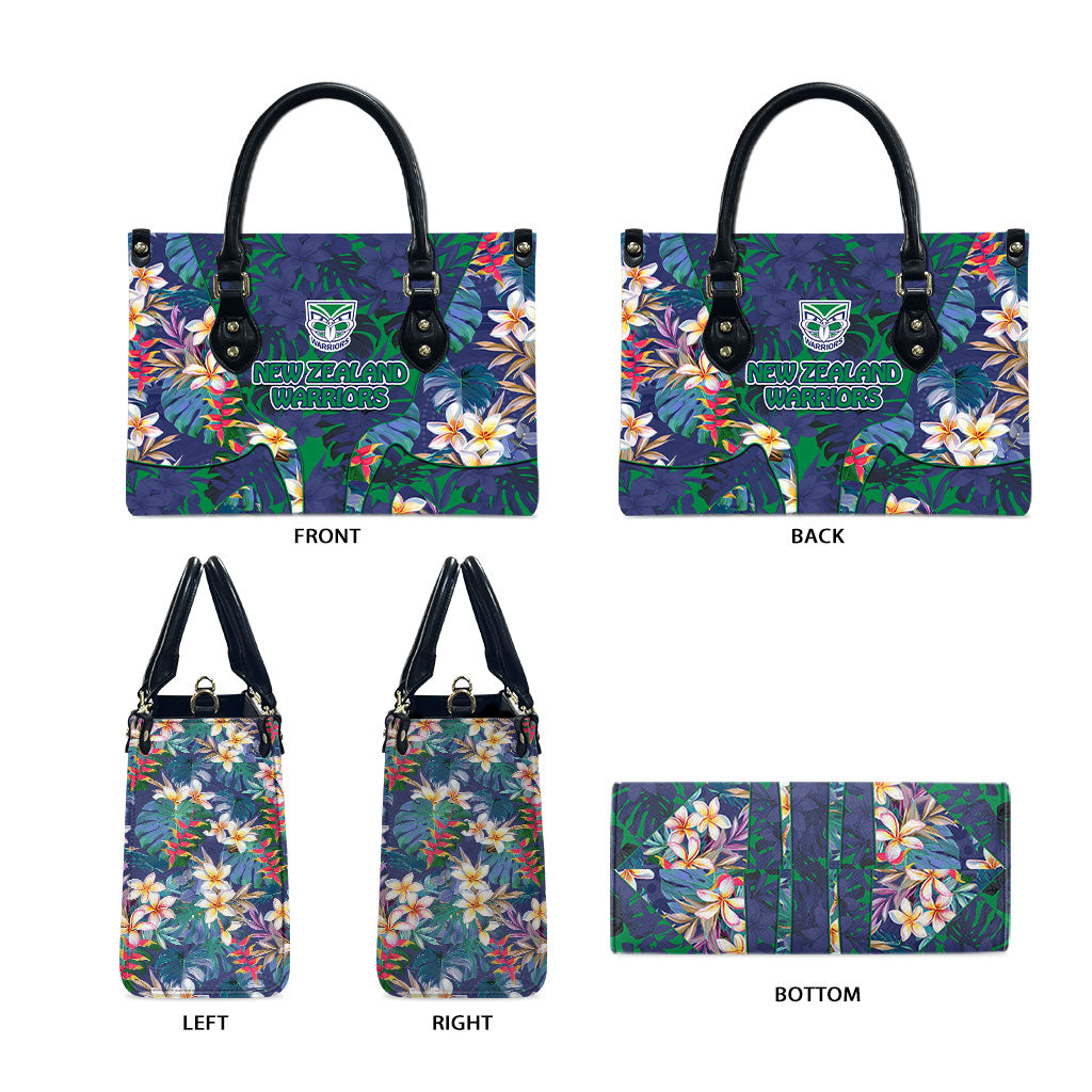 New Zealand Warriors Leather Bag Tropical Polynesian Floral Pattern With Green And Blue Accents