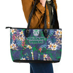 New Zealand Warriors Leather Tote Bag Tropical Polynesian Floral Pattern With Green And Blue Accents