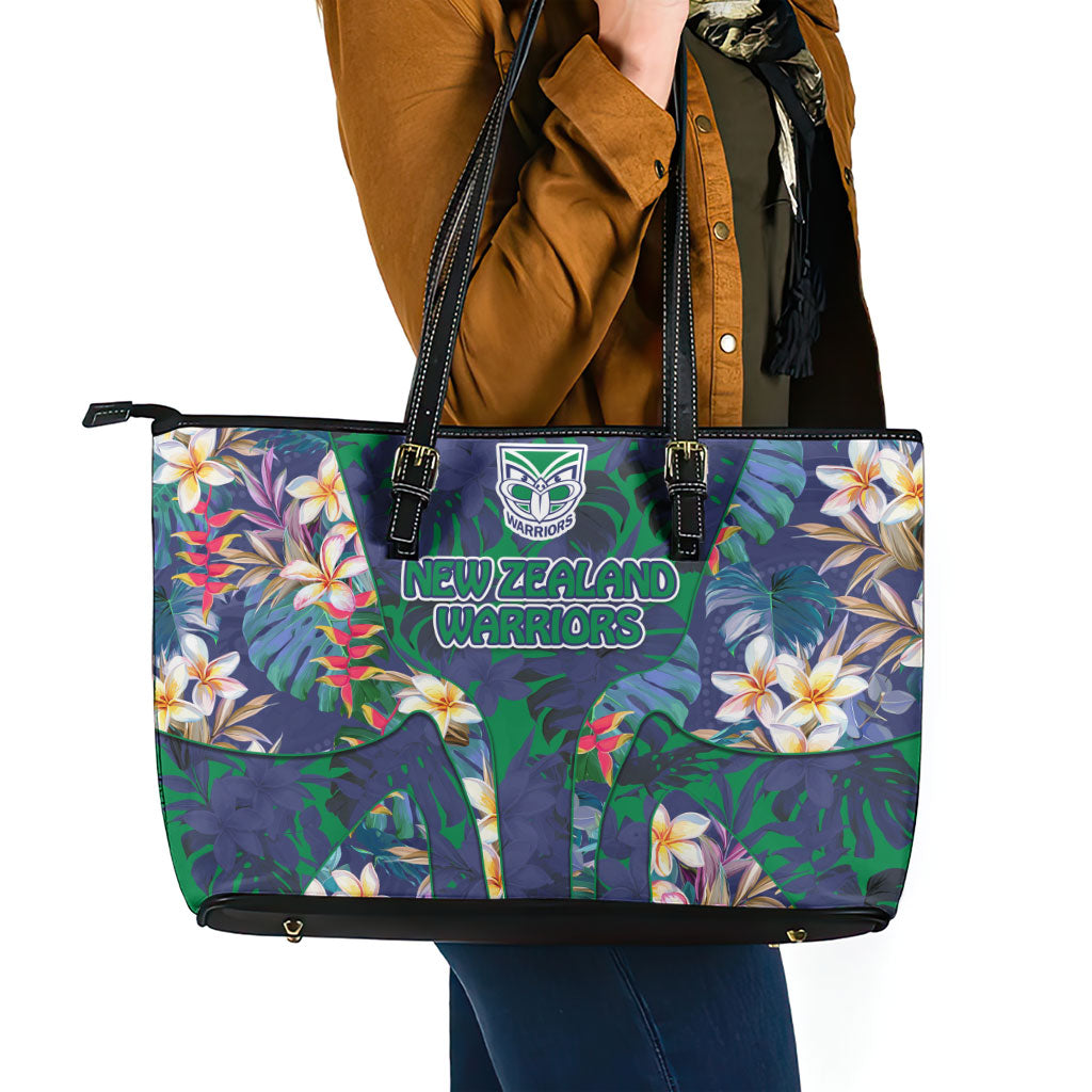 New Zealand Warriors Leather Tote Bag Tropical Polynesian Floral Pattern With Green And Blue Accents