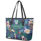 New Zealand Warriors Leather Tote Bag Tropical Polynesian Floral Pattern With Green And Blue Accents