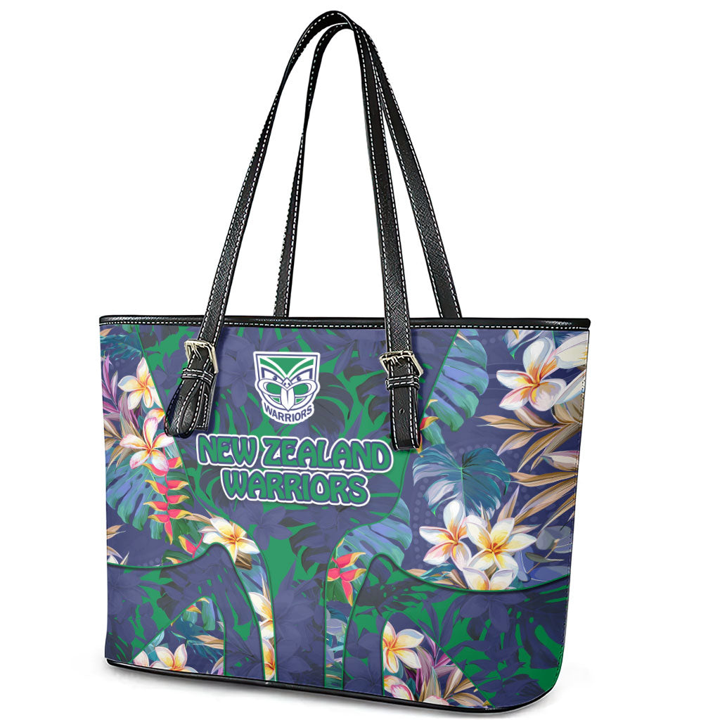 New Zealand Warriors Leather Tote Bag Tropical Polynesian Floral Pattern With Green And Blue Accents