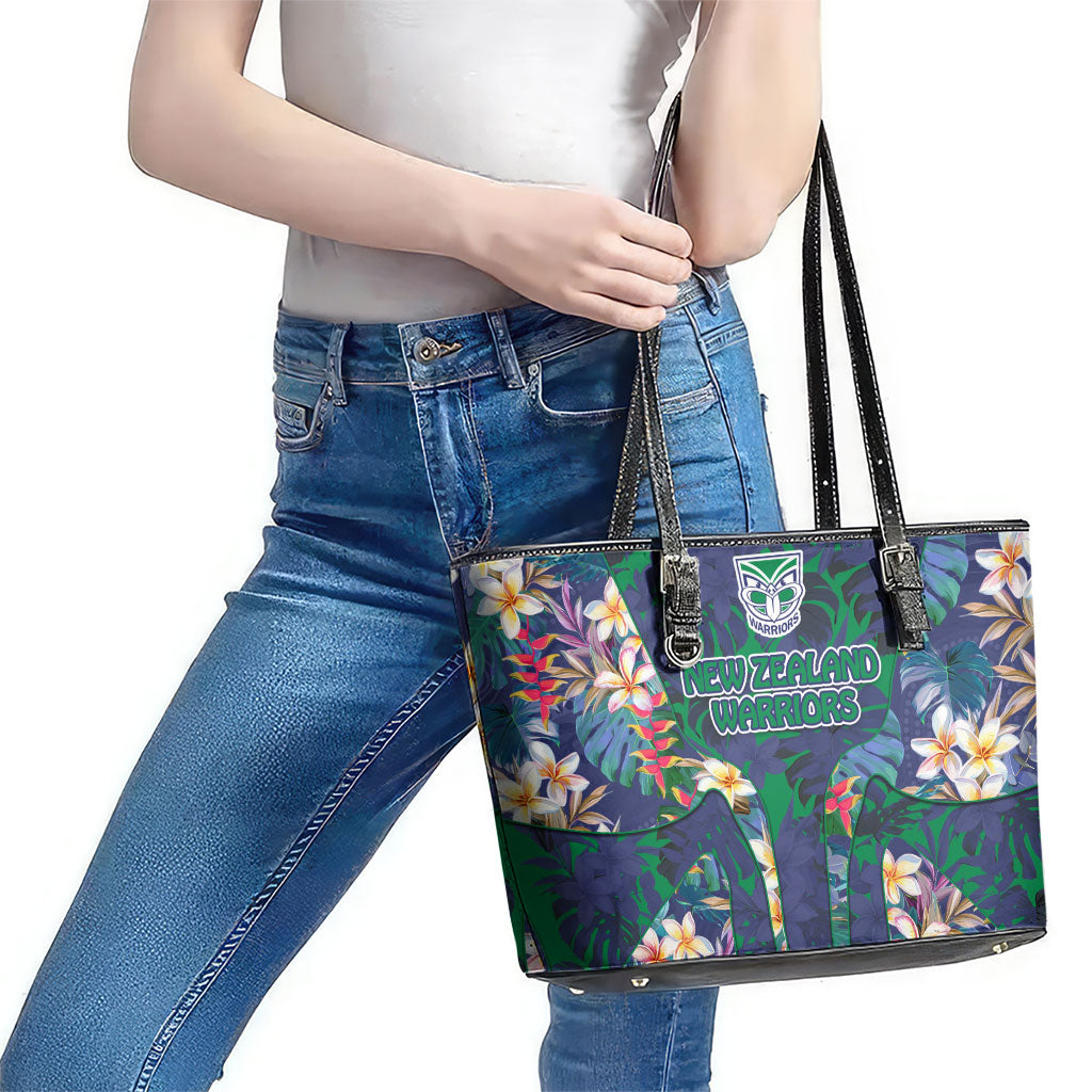 New Zealand Warriors Leather Tote Bag Tropical Polynesian Floral Pattern With Green And Blue Accents