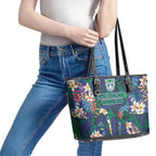 New Zealand Warriors Leather Tote Bag Tropical Polynesian Floral Pattern With Green And Blue Accents