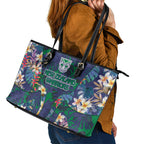 New Zealand Warriors Leather Tote Bag Tropical Polynesian Floral Pattern With Green And Blue Accents