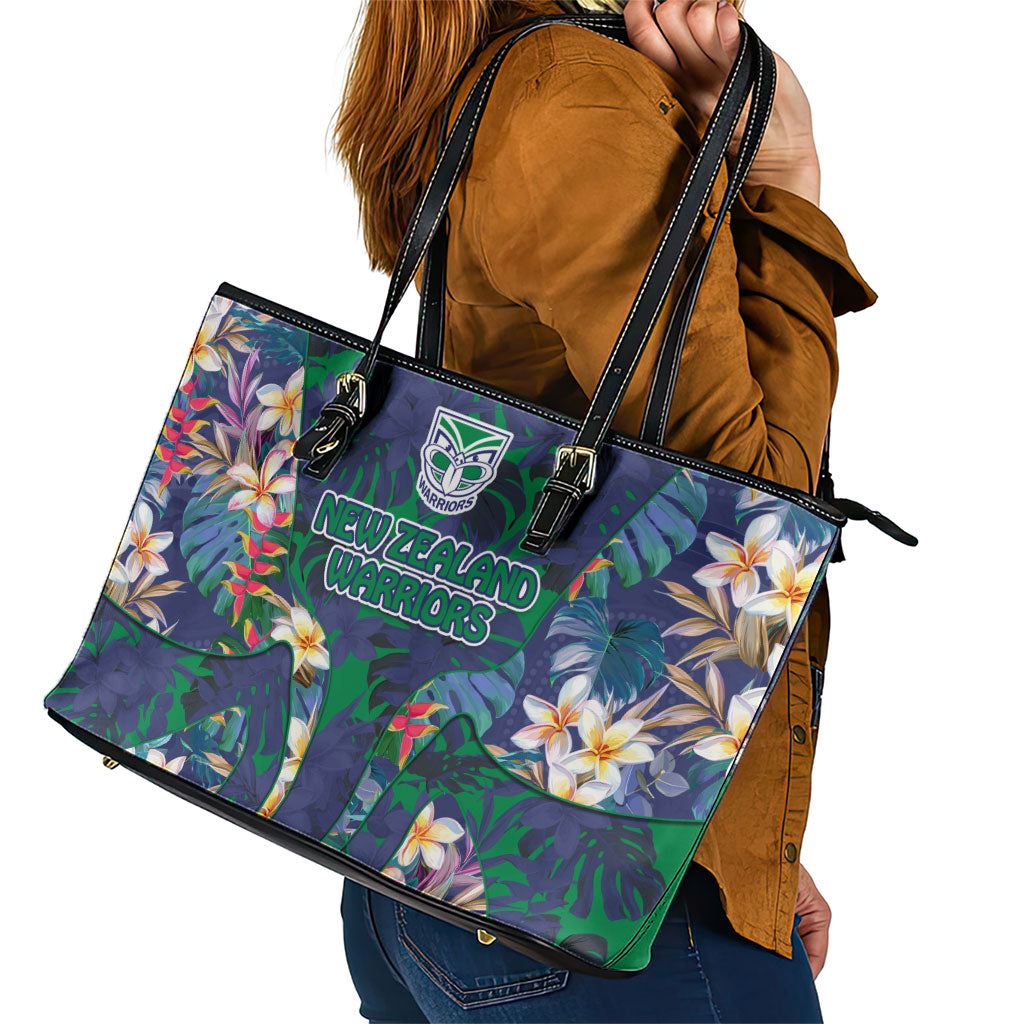 New Zealand Warriors Leather Tote Bag Tropical Polynesian Floral Pattern With Green And Blue Accents