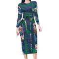 New Zealand Warriors Long Sleeve Bodycon Dress Tropical Polynesian Floral Pattern With Green And Blue Accents