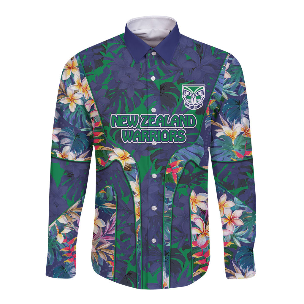 New Zealand Warriors Long Sleeve Button Shirt Tropical Polynesian Floral Pattern With Green And Blue Accents