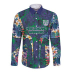 New Zealand Warriors Long Sleeve Button Shirt Tropical Polynesian Floral Pattern With Green And Blue Accents