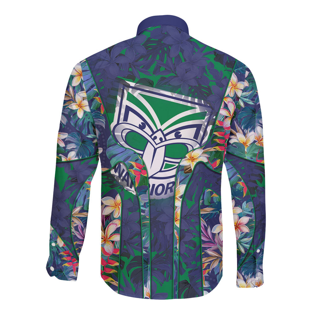 New Zealand Warriors Long Sleeve Button Shirt Tropical Polynesian Floral Pattern With Green And Blue Accents
