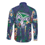 New Zealand Warriors Long Sleeve Button Shirt Tropical Polynesian Floral Pattern With Green And Blue Accents