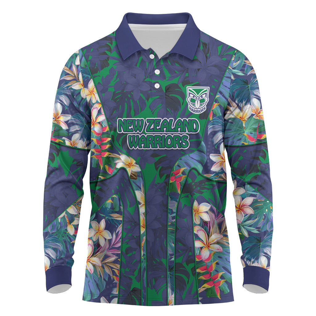 New Zealand Warriors Long Sleeve Polo Shirt Tropical Polynesian Floral Pattern With Green And Blue Accents