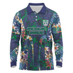 New Zealand Warriors Long Sleeve Polo Shirt Tropical Polynesian Floral Pattern With Green And Blue Accents