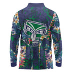 New Zealand Warriors Long Sleeve Polo Shirt Tropical Polynesian Floral Pattern With Green And Blue Accents
