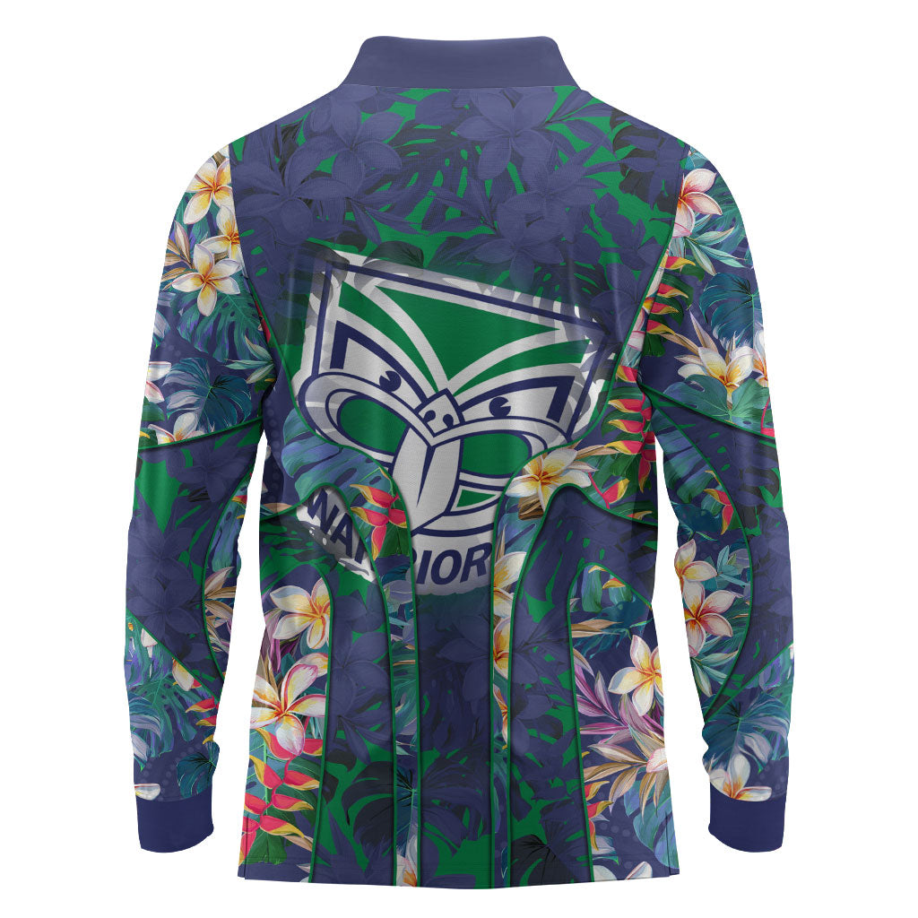 New Zealand Warriors Long Sleeve Polo Shirt Tropical Polynesian Floral Pattern With Green And Blue Accents