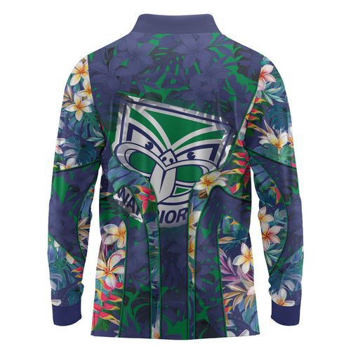 New Zealand Warriors Long Sleeve Polo Shirt Tropical Polynesian Floral Pattern With Green And Blue Accents
