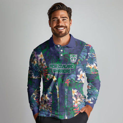 New Zealand Warriors Long Sleeve Polo Shirt Tropical Polynesian Floral Pattern With Green And Blue Accents