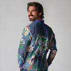 New Zealand Warriors Long Sleeve Polo Shirt Tropical Polynesian Floral Pattern With Green And Blue Accents