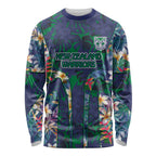 New Zealand Warriors Long Sleeve Shirt Tropical Polynesian Floral Pattern With Green And Blue Accents