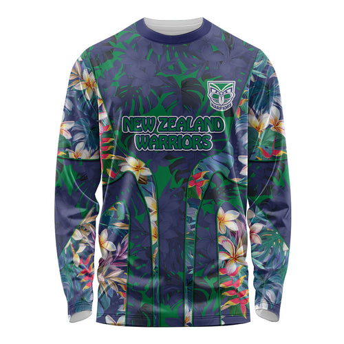 New Zealand Warriors Long Sleeve Shirt Tropical Polynesian Floral Pattern With Green And Blue Accents