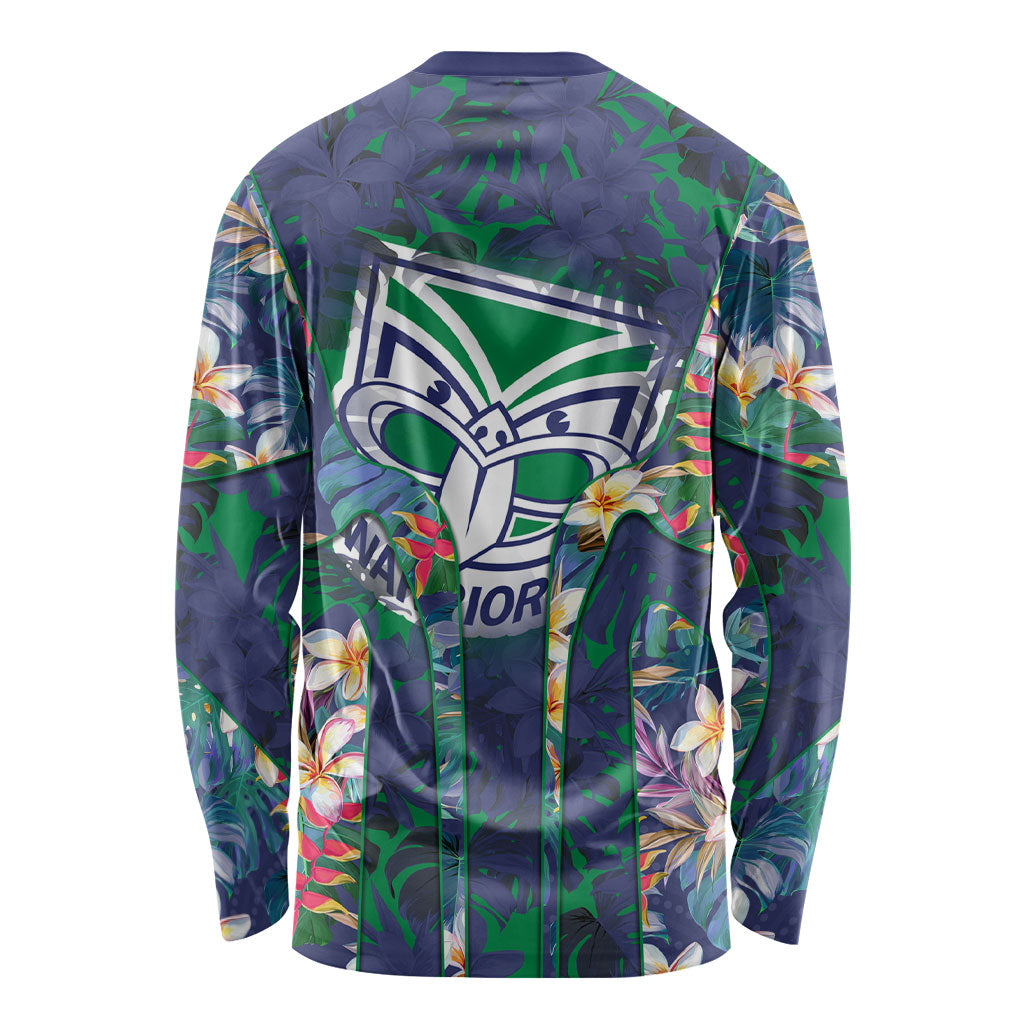 New Zealand Warriors Long Sleeve Shirt Tropical Polynesian Floral Pattern With Green And Blue Accents