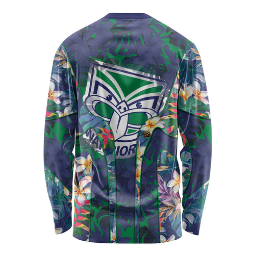 New Zealand Warriors Long Sleeve Shirt Tropical Polynesian Floral Pattern With Green And Blue Accents