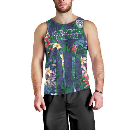 New Zealand Warriors Men Tank Top Tropical Polynesian Floral Pattern With Green And Blue Accents