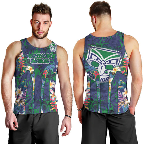 New Zealand Warriors Men Tank Top Tropical Polynesian Floral Pattern With Green And Blue Accents