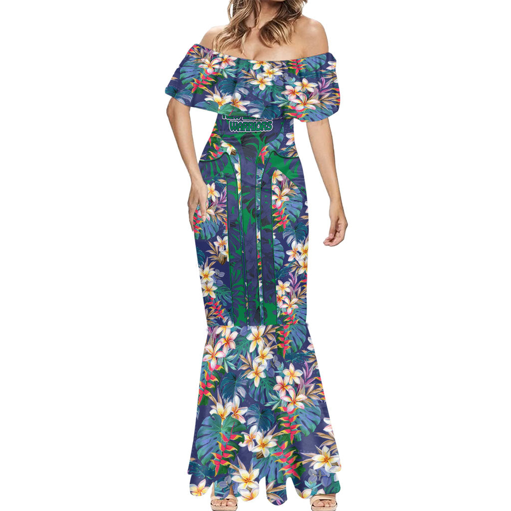New Zealand Warriors Mermaid Dress Tropical Polynesian Floral Pattern With Green And Blue Accents