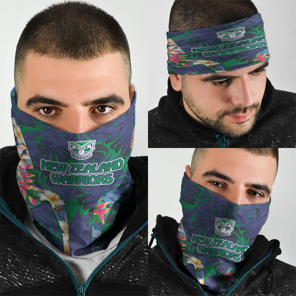 New Zealand Warriors Neck Gaiter Tropical Polynesian Floral Pattern With Green And Blue Accents