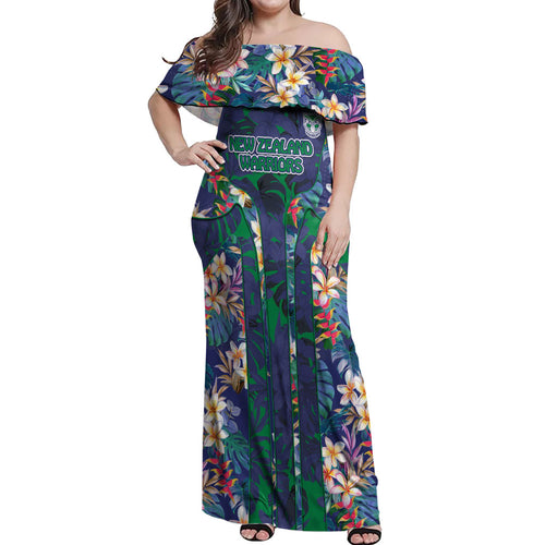 New Zealand Warriors Off Shoulder Maxi Dress Tropical Polynesian Floral Pattern With Green And Blue Accents