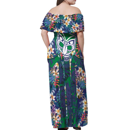 New Zealand Warriors Off Shoulder Maxi Dress Tropical Polynesian Floral Pattern With Green And Blue Accents