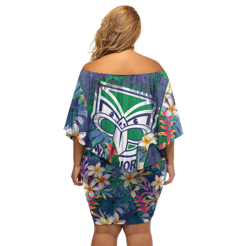New Zealand Warriors Off Shoulder Short Dress Tropical Polynesian Floral Pattern With Green And Blue Accents