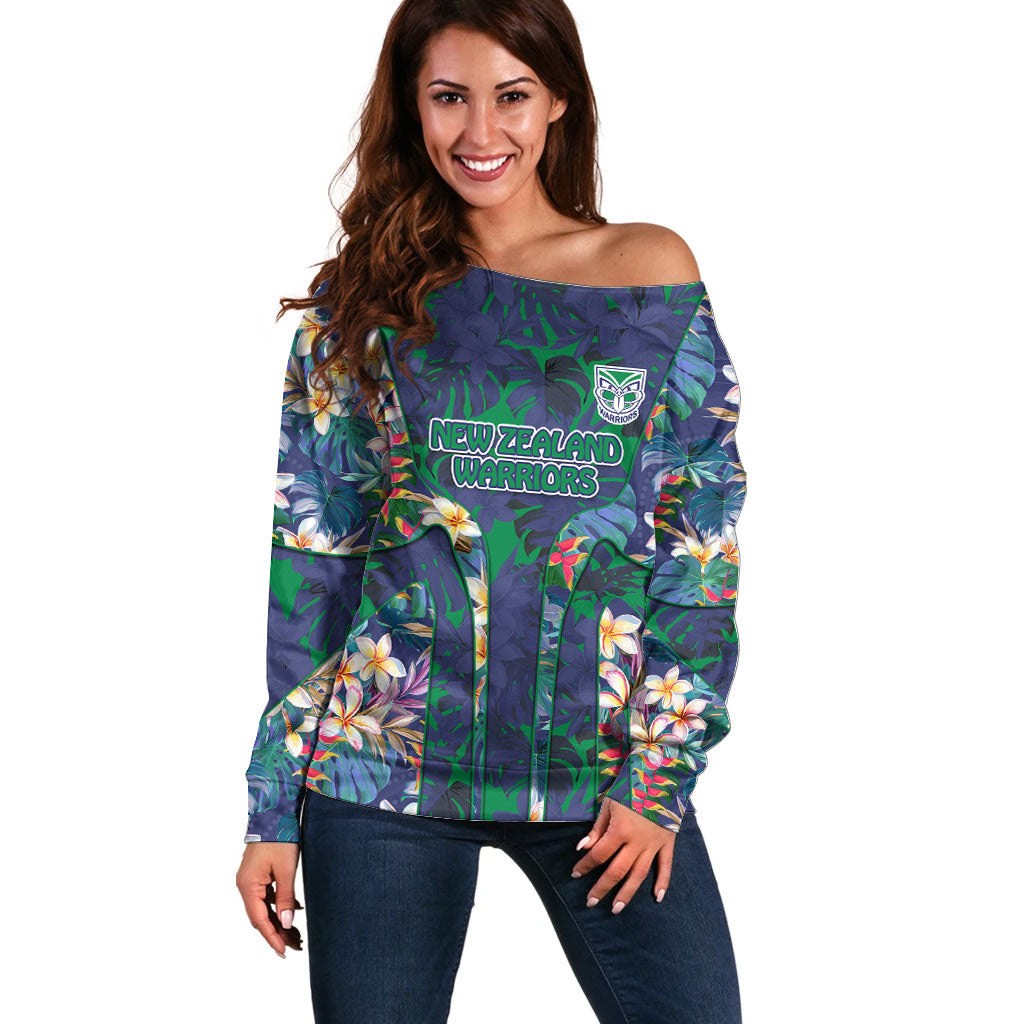 New Zealand Warriors Off Shoulder Sweater Tropical Polynesian Floral Pattern With Green And Blue Accents