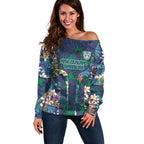 New Zealand Warriors Off Shoulder Sweater Tropical Polynesian Floral Pattern With Green And Blue Accents