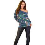 New Zealand Warriors Off Shoulder Sweater Tropical Polynesian Floral Pattern With Green And Blue Accents
