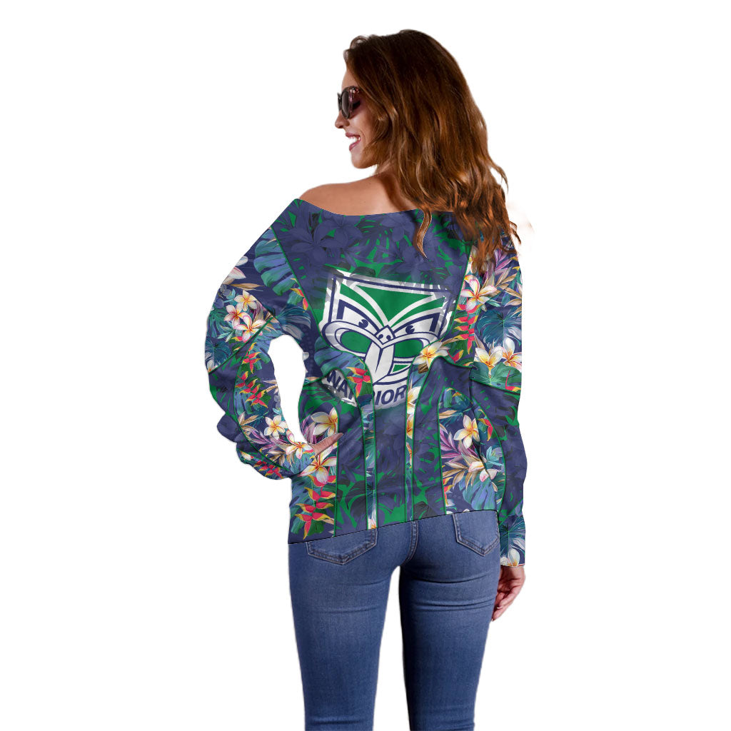 New Zealand Warriors Off Shoulder Sweater Tropical Polynesian Floral Pattern With Green And Blue Accents