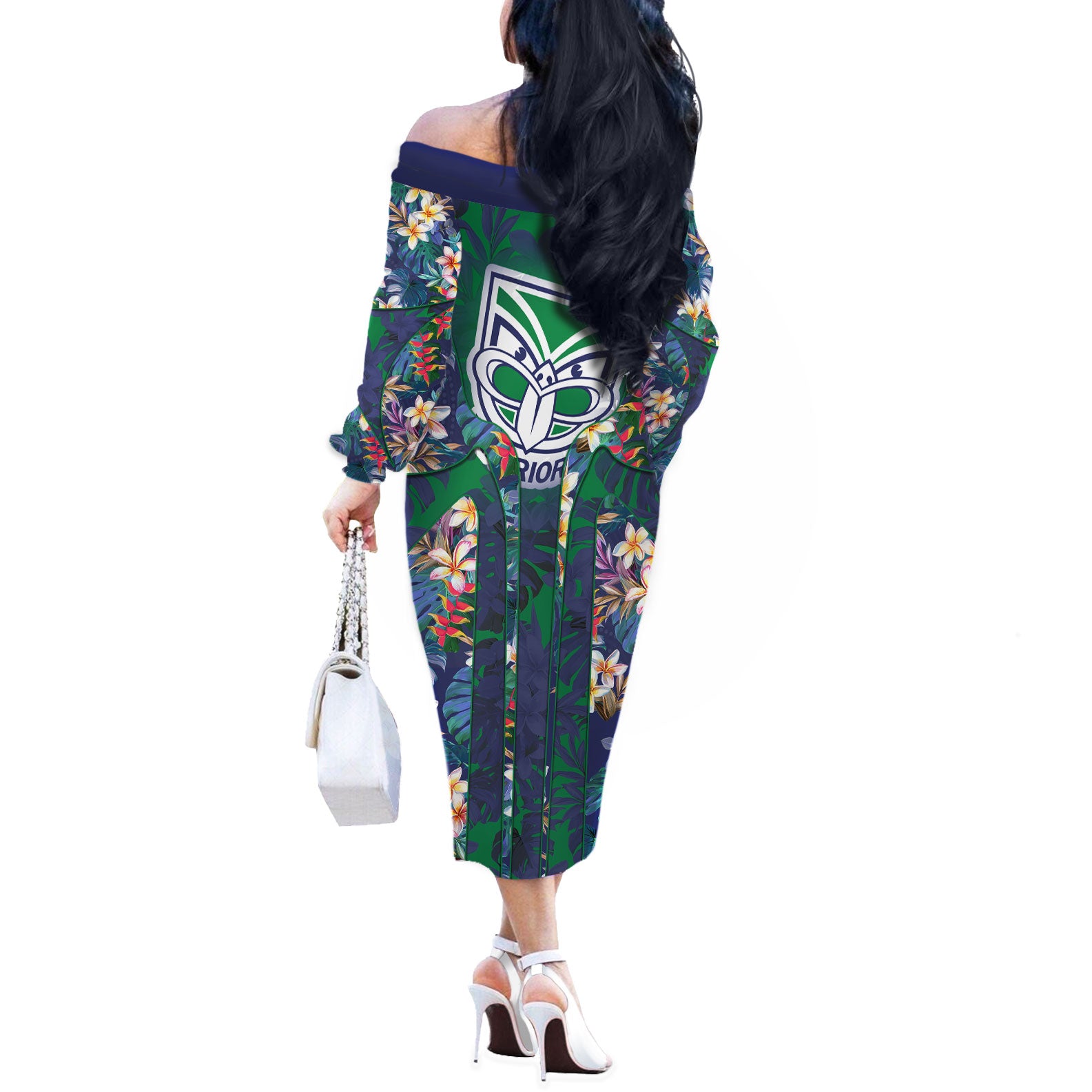 New Zealand Warriors Off The Shoulder Long Sleeve Dress Tropical Polynesian Floral Pattern With Green And Blue Accents