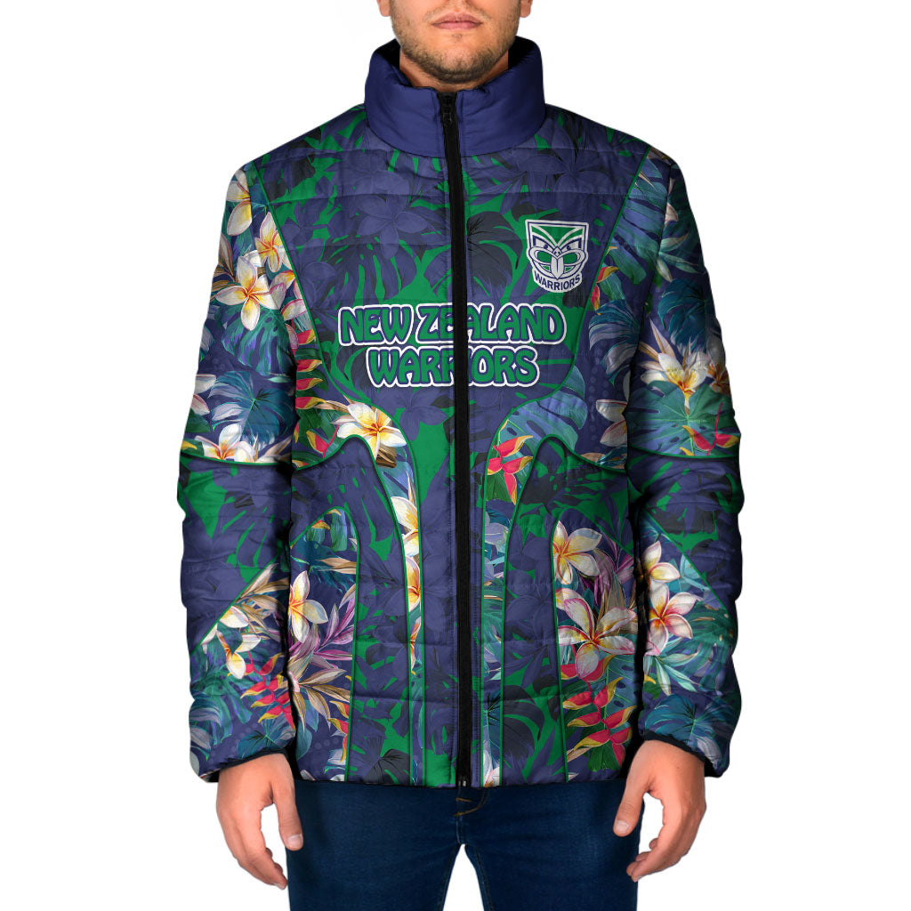 New Zealand Warriors Padded Jacket Tropical Polynesian Floral Pattern With Green And Blue Accents
