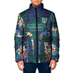 New Zealand Warriors Padded Jacket Tropical Polynesian Floral Pattern With Green And Blue Accents
