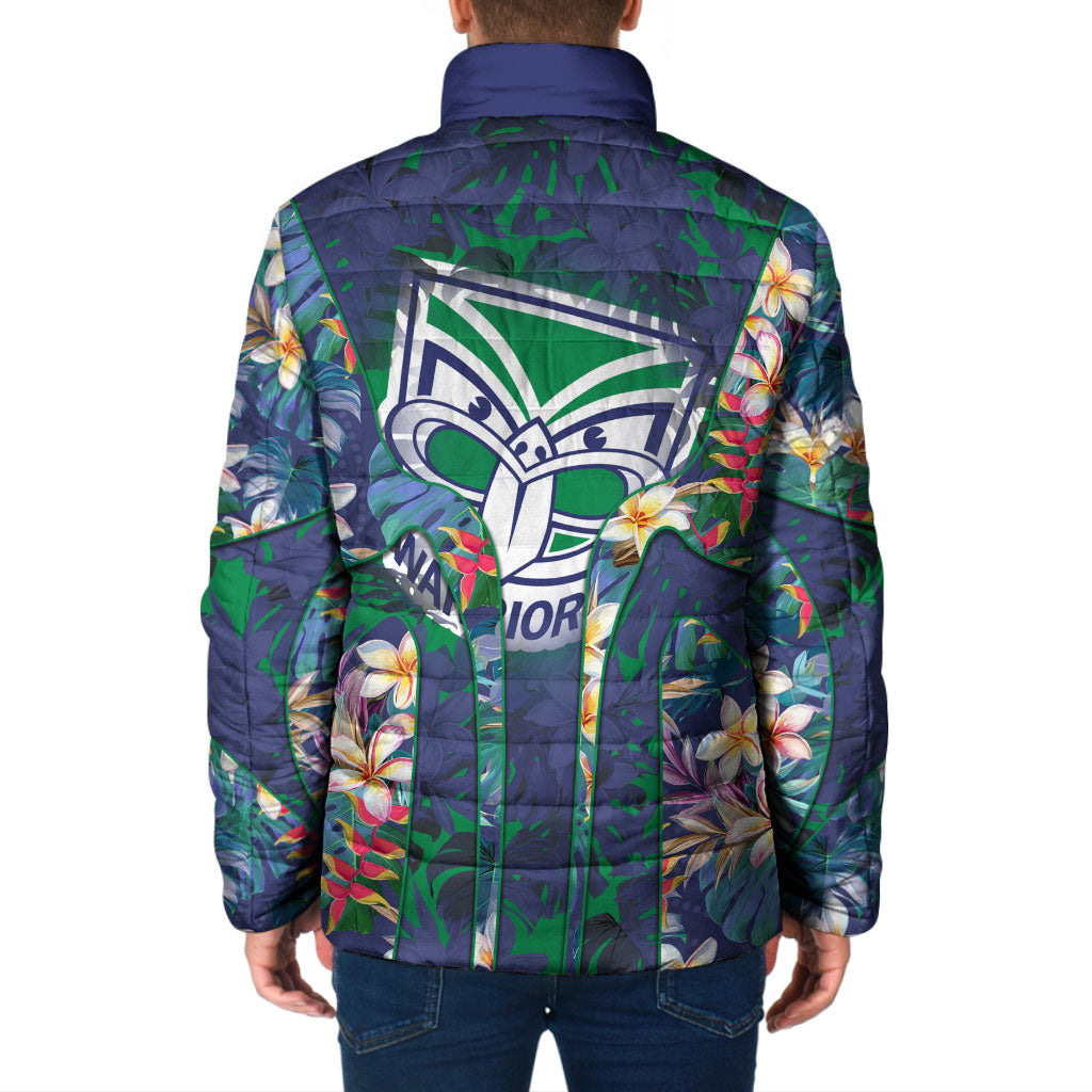 New Zealand Warriors Padded Jacket Tropical Polynesian Floral Pattern With Green And Blue Accents
