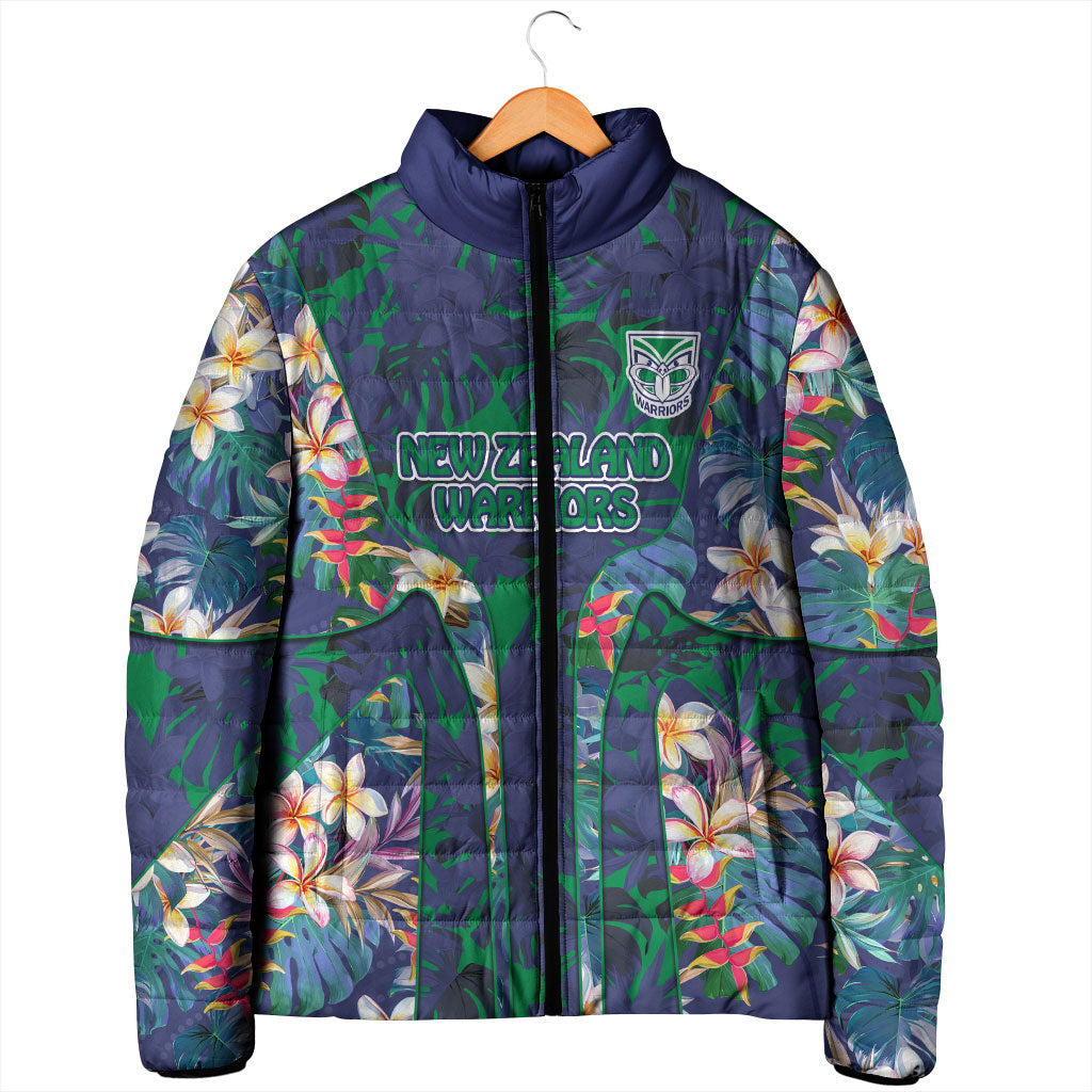 New Zealand Warriors Padded Jacket Tropical Polynesian Floral Pattern With Green And Blue Accents