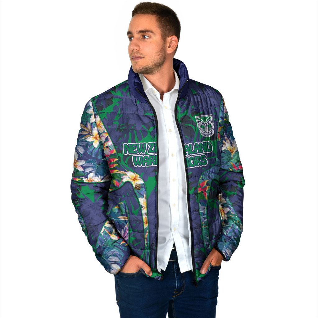 New Zealand Warriors Padded Jacket Tropical Polynesian Floral Pattern With Green And Blue Accents