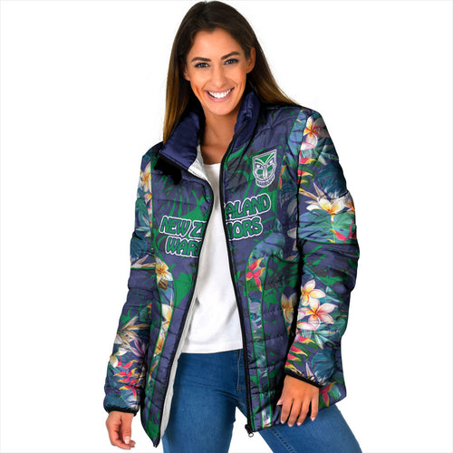 New Zealand Warriors Padded Jacket Tropical Polynesian Floral Pattern With Green And Blue Accents