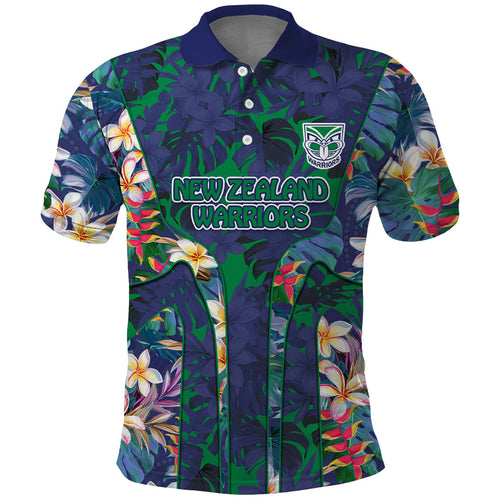 New Zealand Warriors Polo Shirt Tropical Polynesian Floral Pattern With Green And Blue Accents