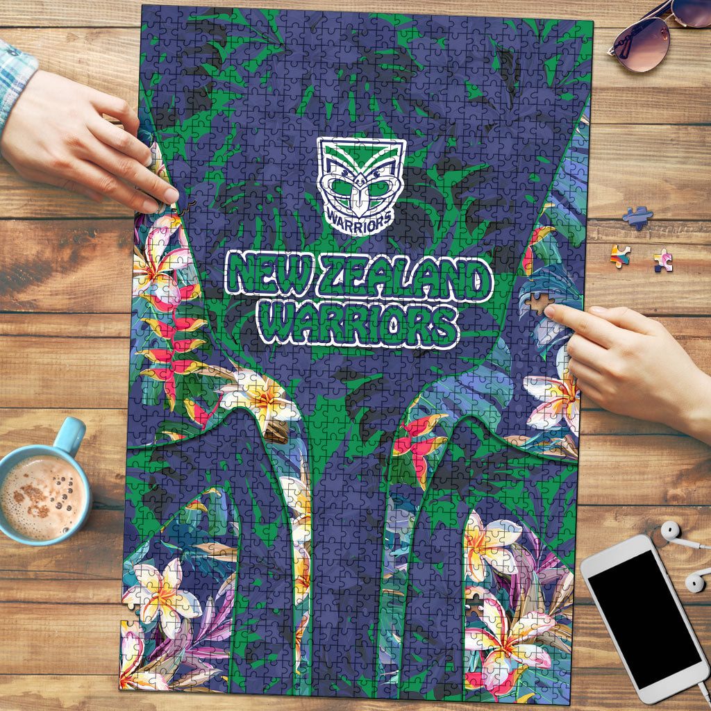 New Zealand Warriors Puzzle Tropical Polynesian Floral Pattern With Green And Blue Accents
