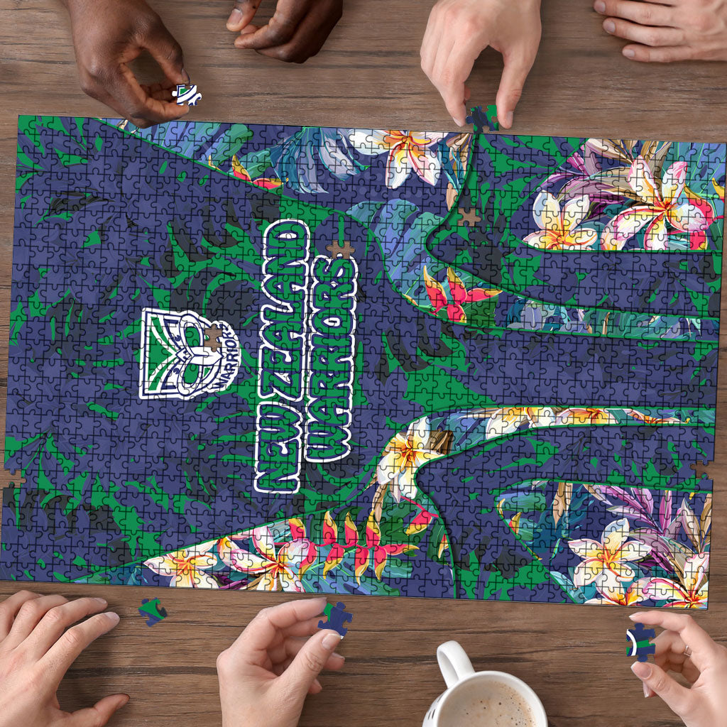 New Zealand Warriors Puzzle Tropical Polynesian Floral Pattern With Green And Blue Accents