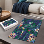 New Zealand Warriors Puzzle Tropical Polynesian Floral Pattern With Green And Blue Accents