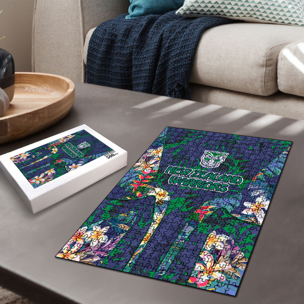 New Zealand Warriors Puzzle Tropical Polynesian Floral Pattern With Green And Blue Accents