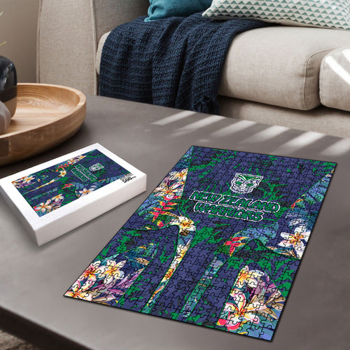 New Zealand Warriors Puzzle Tropical Polynesian Floral Pattern With Green And Blue Accents